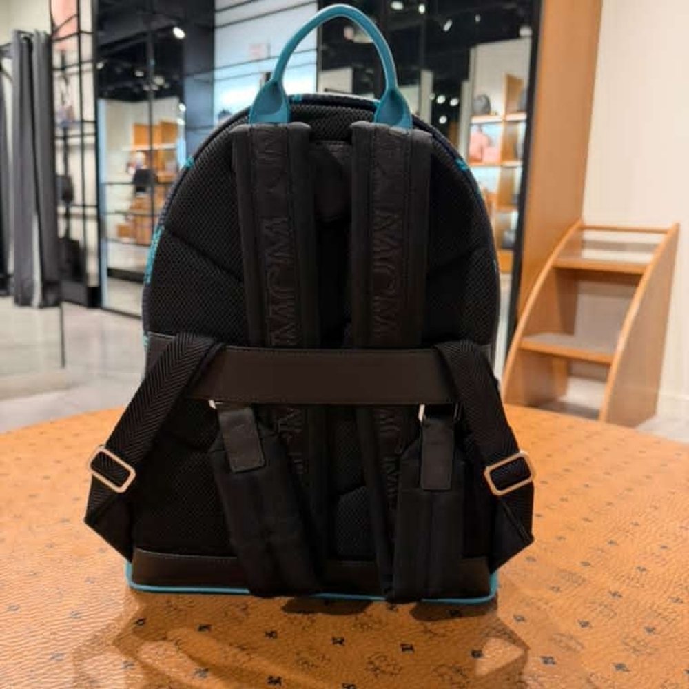 MCM Men’s Black & Teal Palm-Print Leather Backpack - Picture 2 of 5
